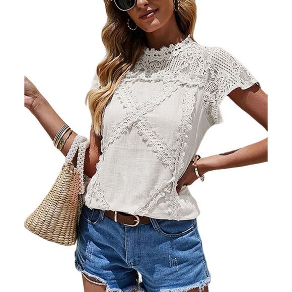 Coeur de Vague Tops - Coeur de Vague White Lace Trim Mock Neck Short Sleeve Top Size S